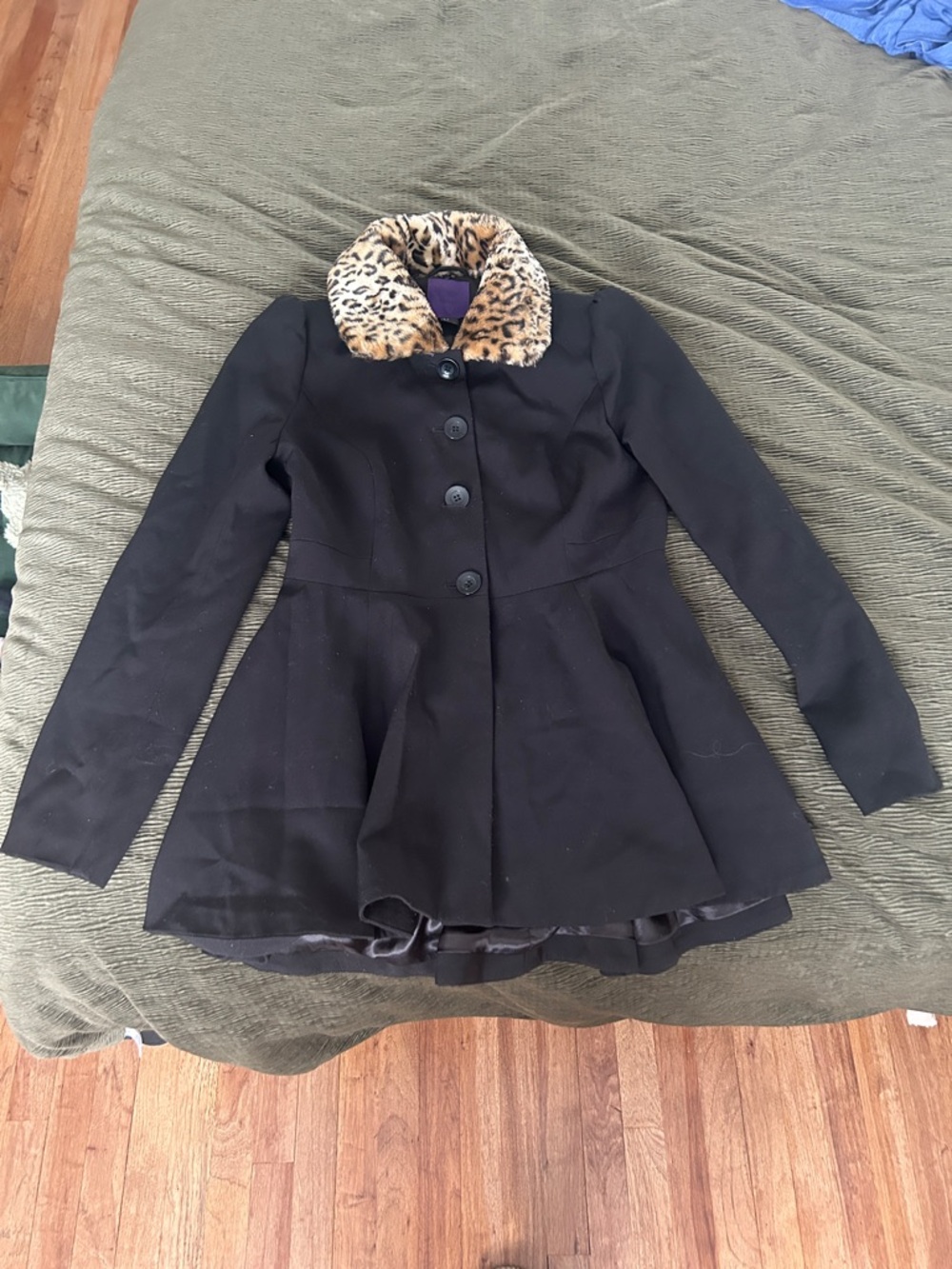 Forever 21 Black Peplum Coat with Leopard Faux-Fur Collar